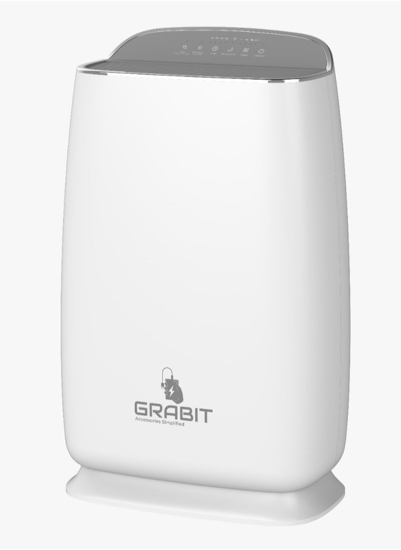 GRABIT - GRABIT Smart Air Purifier Smart & Compact Filtration Enjoy cleaner air with 4-stage filtration, a CADR of 220m³/h, and 26m² coverage. Features 4 fan speeds, sleep mode, air quality indicator, and a soft night light for added comfort. The timer (2, 4, 8 hours), child lock, and filter replacement indicator ensure convenience and safety. Whisper-quiet (56dB) with Tuya Wi-Fi for remote control. Compact and perfect for small spaces! - Image 1