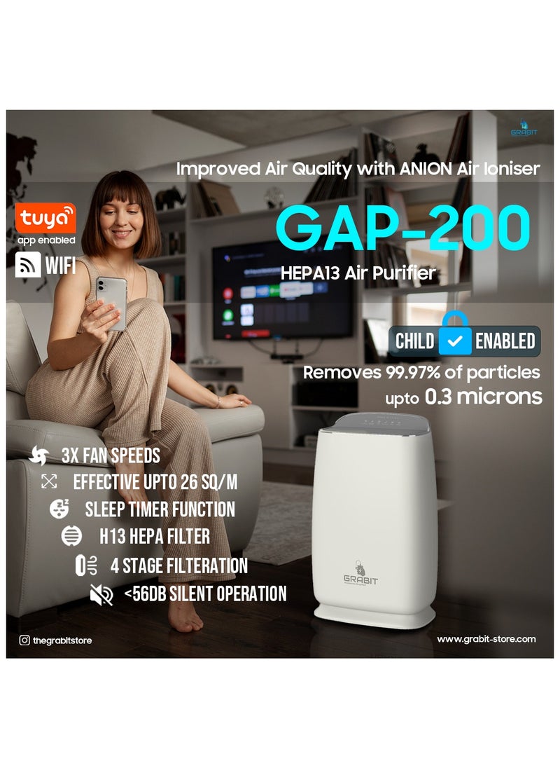 GRABIT - GRABIT Smart Air Purifier Smart & Compact Filtration Enjoy cleaner air with 4-stage filtration, a CADR of 220m³/h, and 26m² coverage. Features 4 fan speeds, sleep mode, air quality indicator, and a soft night light for added comfort. The timer (2, 4, 8 hours), child lock, and filter replacement indicator ensure convenience and safety. Whisper-quiet (56dB) with Tuya Wi-Fi for remote control. Compact and perfect for small spaces! - Image 1