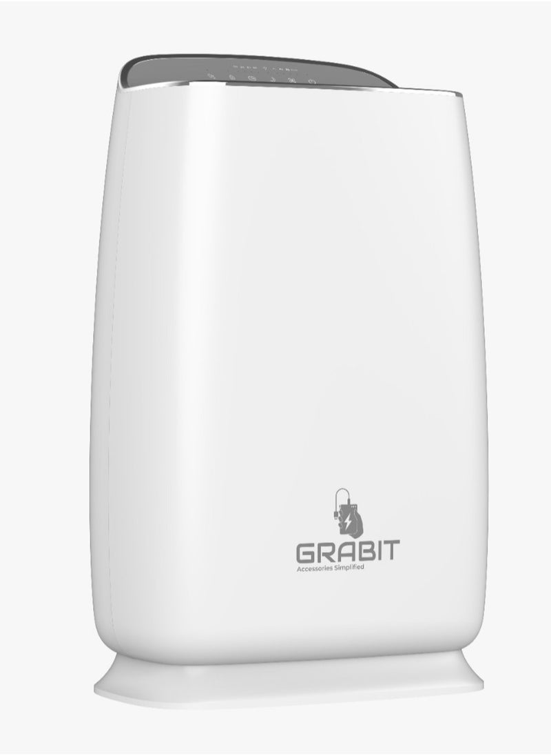 GRABIT - GRABIT Smart Air Purifier Smart & Compact Filtration Enjoy cleaner air with 4-stage filtration, a CADR of 220m³/h, and 26m² coverage. Features 4 fan speeds, sleep mode, air quality indicator, and a soft night light for added comfort. The timer (2, 4, 8 hours), child lock, and filter replacement indicator ensure convenience and safety. Whisper-quiet (56dB) with Tuya Wi-Fi for remote control. Compact and perfect for small spaces! - Image 1
