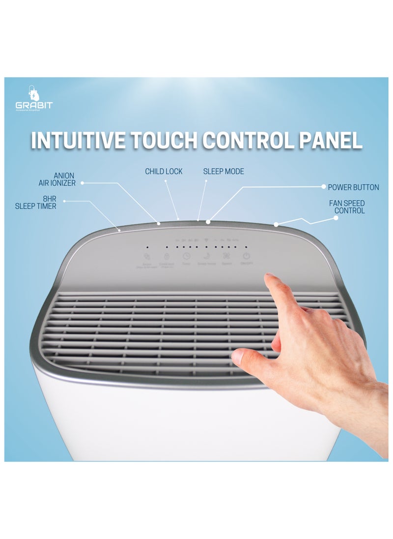 GRABIT - GRABIT Smart Air Purifier Smart & Compact Filtration Enjoy cleaner air with 4-stage filtration, a CADR of 220m³/h, and 26m² coverage. Features 4 fan speeds, sleep mode, air quality indicator, and a soft night light for added comfort. The timer (2, 4, 8 hours), child lock, and filter replacement indicator ensure convenience and safety. Whisper-quiet (56dB) with Tuya Wi-Fi for remote control. Compact and perfect for small spaces! - Image 1