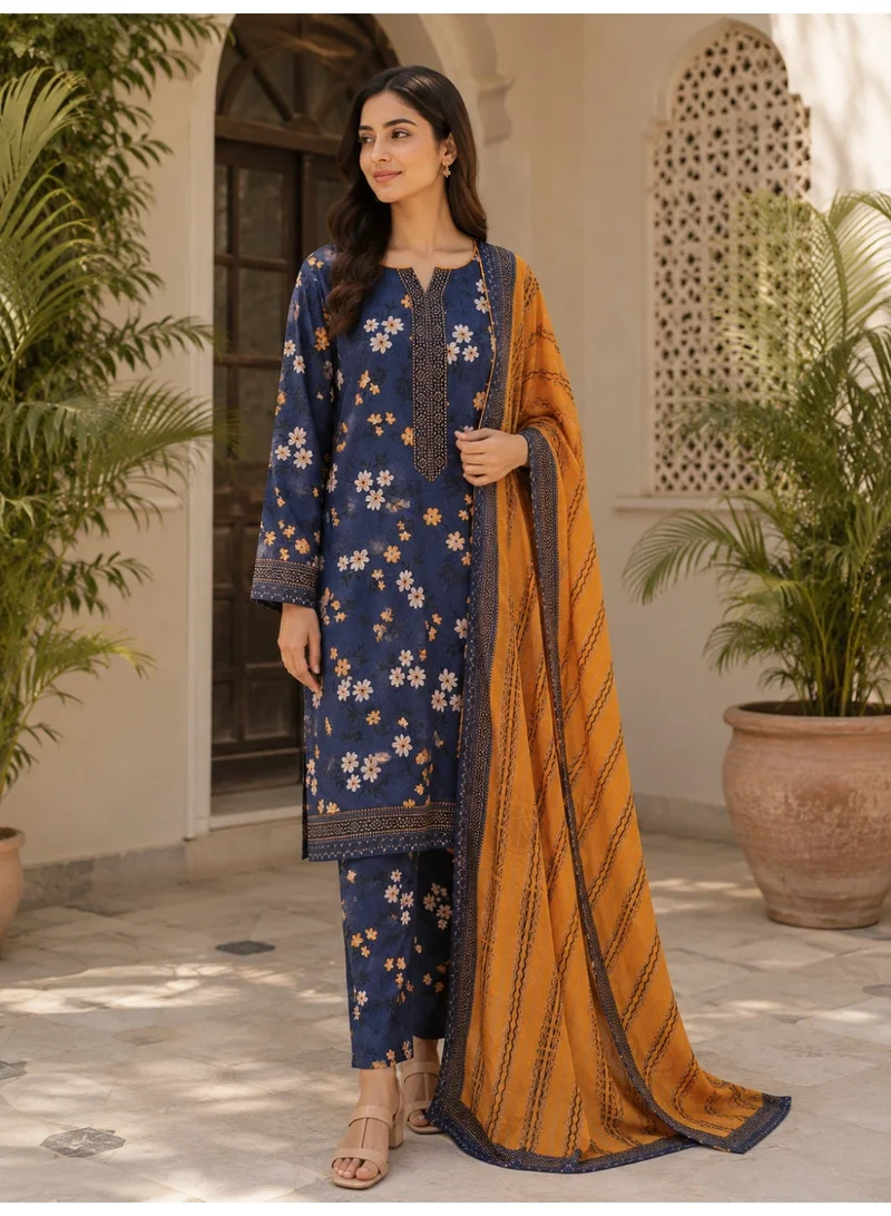 Women's 3-Piece Floral Print Ethnic Wear Suit Set - Navy Blue, Chest 44