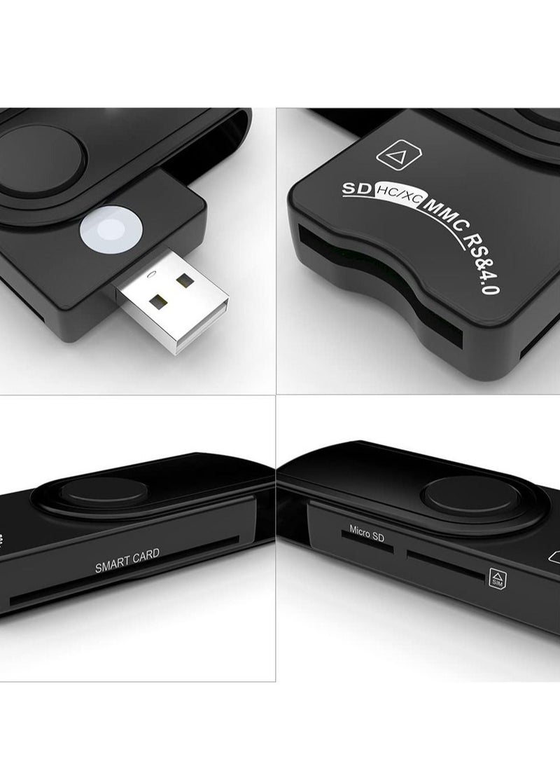 قارئ بطاقات ذكية للاستخدام العسكري، USB2.0 4 في 1 قارئ بطاقات ذاكرة محمول CAC/DOD، قارئ بطاقات ذاكرة SDHC/SDXC/SD/Micro SD لبطاقات SIM وMMC RS & 4.0، متوافق مع أنظمة Windows وLinux/Unix وMacOS X