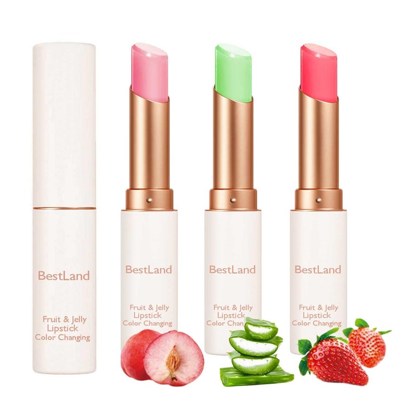 Bestland 3 Pcs/Set Strawberry, Peach & Aloe Jelly Lipstick Set, Color Changing Lip And Cheek Stain | PH-Activated Temperature Reactive Moisturizing Lipstick for Dry & Mature Lips, Hydrating Long-Lasting Lip - Image 1