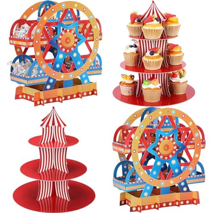 Vesici Set of 4 Carnival Theme Ferris Wheel Centerpieces and Cupcake Stands 3 Tier Cardboard Cupcake Holder for Dessert Displays Birthday Party Decorations