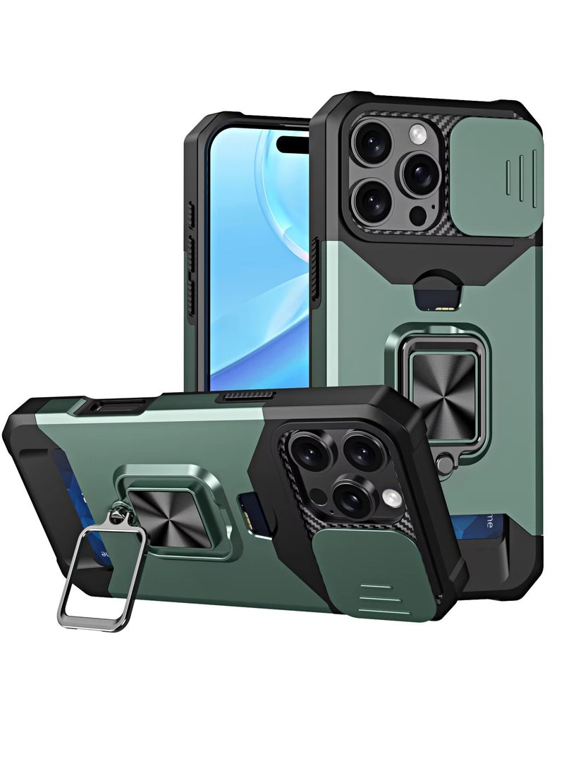 YoYoTech Compatible for iPhone 16 Pro Case with [Card Holder] [Slide Camera Cover] [360° Rotate Ring Kickstand] Heavy Duty Protective, Shockproof Bumper Cover-Green 