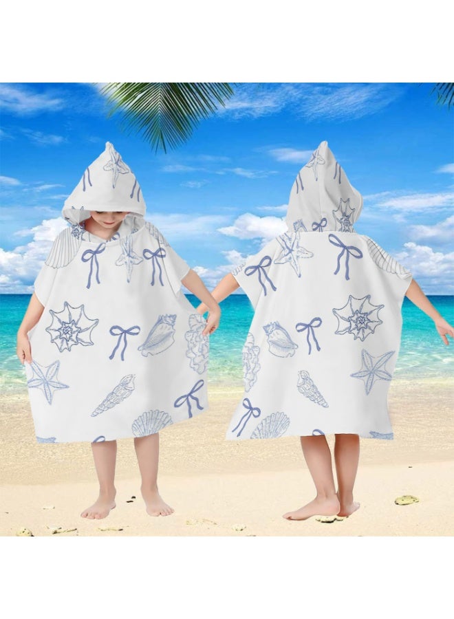 Off White Base Full Printed Light Blue Sketch Shell Starfish Bow Unisex Kids Hooded Quick Dry Poncho Towel, Polyester Soft Water Absorbent Loose Windproof Bath Wrap for All Kids, Ideal for Beach, Swimming Pool, Hot Spring & Daily Shower - Image 3