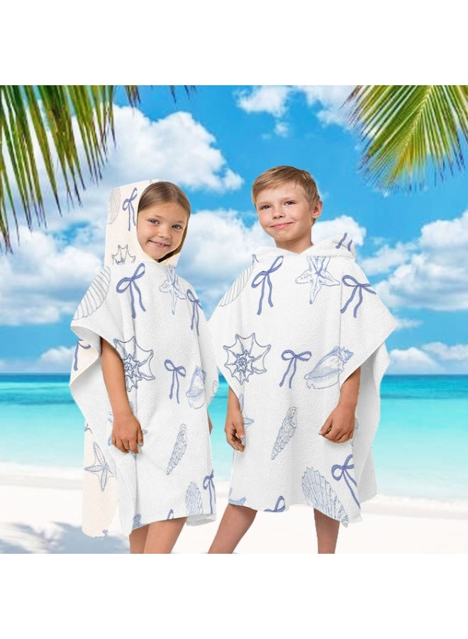 Off White Base Full Printed Light Blue Sketch Shell Starfish Bow Unisex Kids Hooded Quick Dry Poncho Towel, Polyester Soft Water Absorbent Loose Windproof Bath Wrap for All Kids, Ideal for Beach, Swimming Pool, Hot Spring & Daily Shower - Image 2