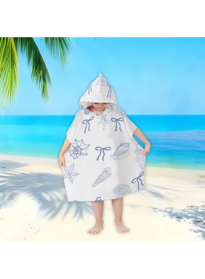 Off White Base Full Printed Light Blue Sketch Shell Starfish Bow Unisex Kids Hooded Quick Dry Poncho Towel, Polyester Soft Water Absorbent Loose Windproof Bath Wrap for All Kids, Ideal for Beach, Swimming Pool, Hot Spring & Daily Shower - Image 5