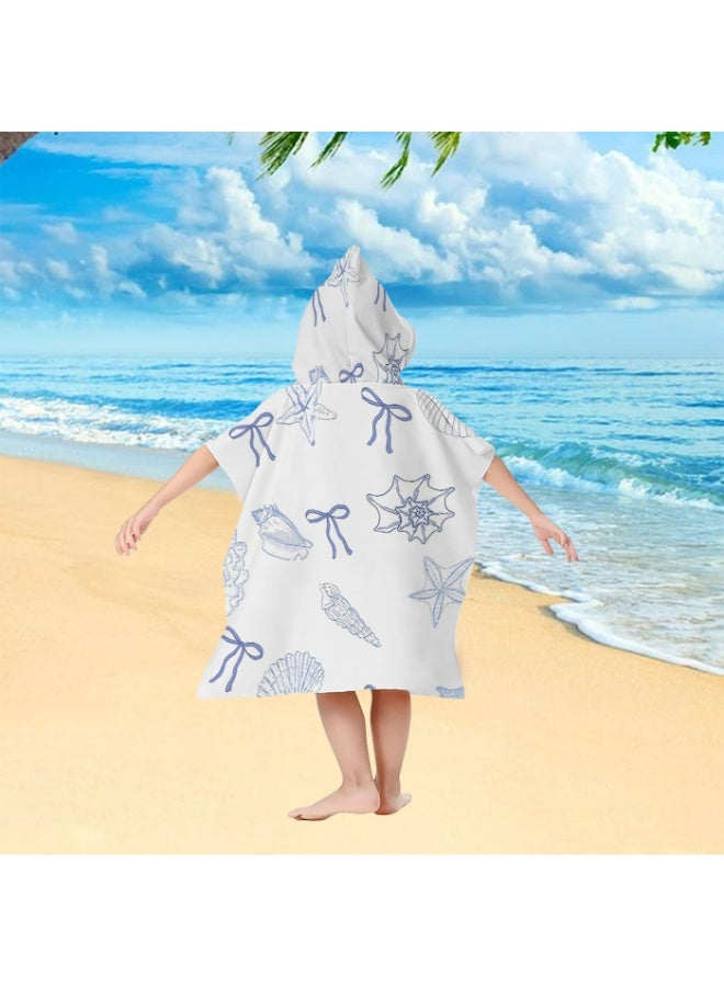 Off White Base Full Printed Light Blue Sketch Shell Starfish Bow Unisex Kids Hooded Quick Dry Poncho Towel, Polyester Soft Water Absorbent Loose Windproof Bath Wrap for All Kids, Ideal for Beach, Swimming Pool, Hot Spring & Daily Shower - Image 4