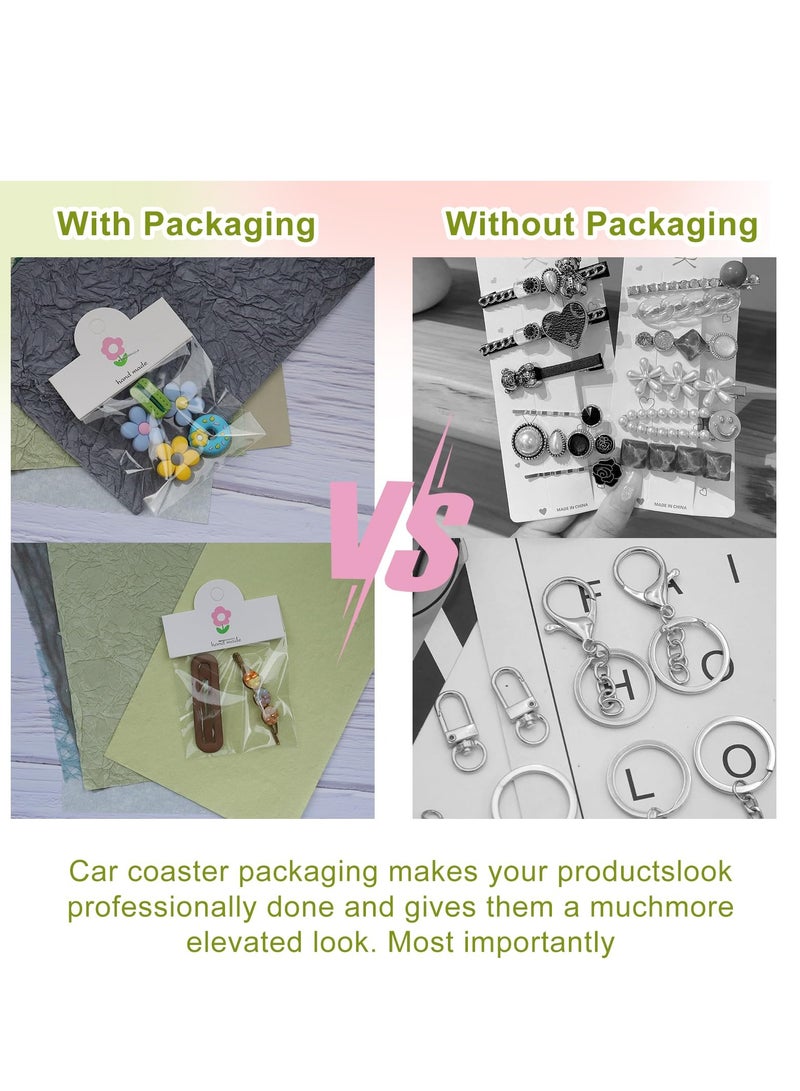 Car Coaster Packaging, Include 100 Pcs Sublimation Car Coasters Cards and 100 Pcs Self-Adhesive Bags, for Bracelet, Car Coaster, Keychain, Display Cards for Selling, 3.9'×3.14''