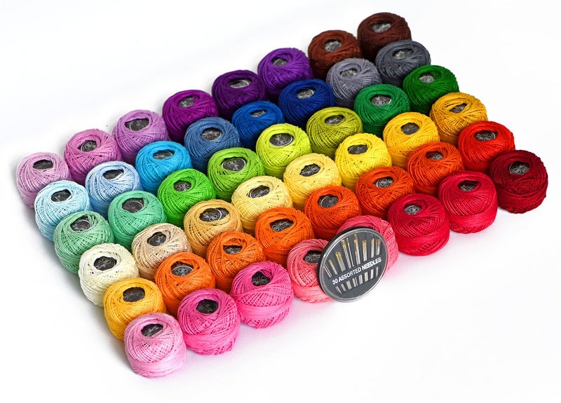 LE PAON LE PAON 48 Crochet Thread Set Balls 100 LongStaple Cotton Rainbow Colors of Size 8 Threadand Free 30 Golden Needles 48 Balls for Crochet Hardanger Cross Stitch Needlepoint Hand Embroidery 