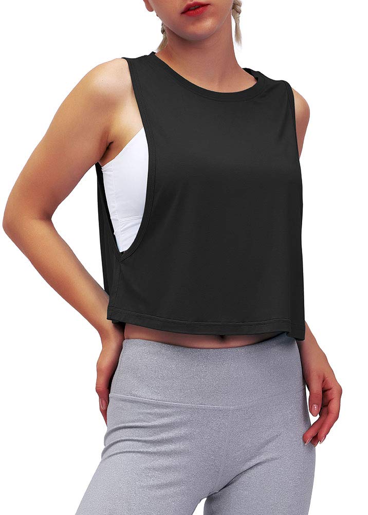 Mippo Workout Tops for Women Cropped Muscle Tank Athletic Shirts Loose Mesh Top Workout Clothes Running Tank Black S - Image 3