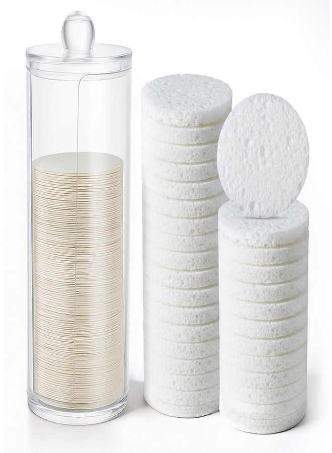 Oqqlin 120 Pcs Compressed Facial Sponges with Container, Disposable Round Face Sponge Pads Portable Makeup Removal Wash Sponges for Women Cleansing Makeup Spa (White) - Image 1