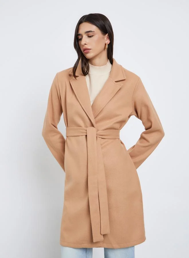 Styli Beige Styli Beige Regular Fit Wool Like Belted Coat for Women | Best Price UAE