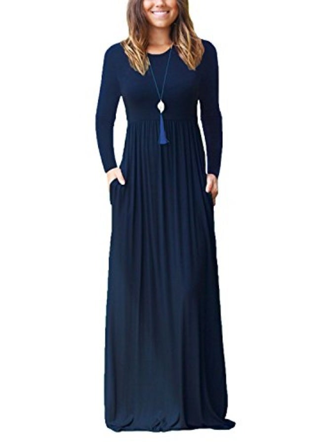 NIBEMINENT Women Long Sleeve Casual Round Neck Loose Solid Floral Maxi Long Dress with Pockets, S-3XL - Image 1