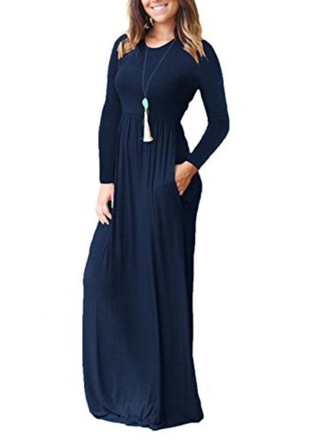NIBEMINENT Women Long Sleeve Casual Round Neck Loose Solid Floral Maxi Long Dress with Pockets, S-3XL - Image 2