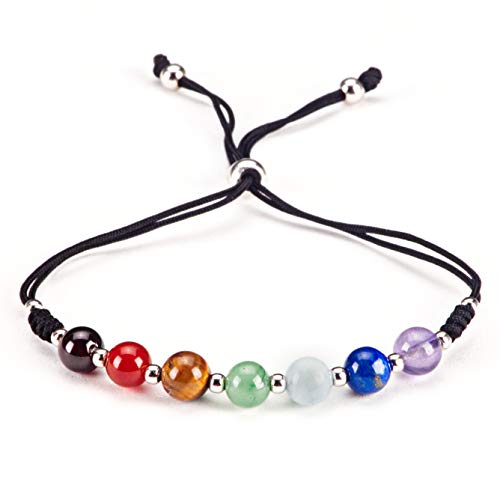 Cherry Tree Collection Natural Gemstone Chakra Bracelet | Adjustable Size Nylon Cord | 6mm Beads, Silver Spacers | 5.0-6.5" (Black-Small) - Image 1