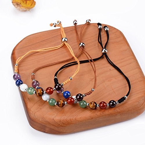 Cherry Tree Collection Natural Gemstone Chakra Bracelet | Adjustable Size Nylon Cord | 6mm Beads, Silver Spacers | 5.0-6.5" (Black-Small) - Image 3