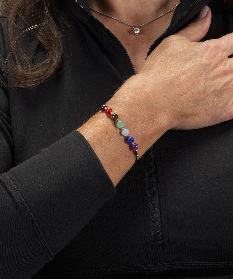 Cherry Tree Collection Natural Gemstone Chakra Bracelet | Adjustable Size Nylon Cord | 6mm Beads, Silver Spacers | 5.0-6.5" (Black-Small) - Image 2