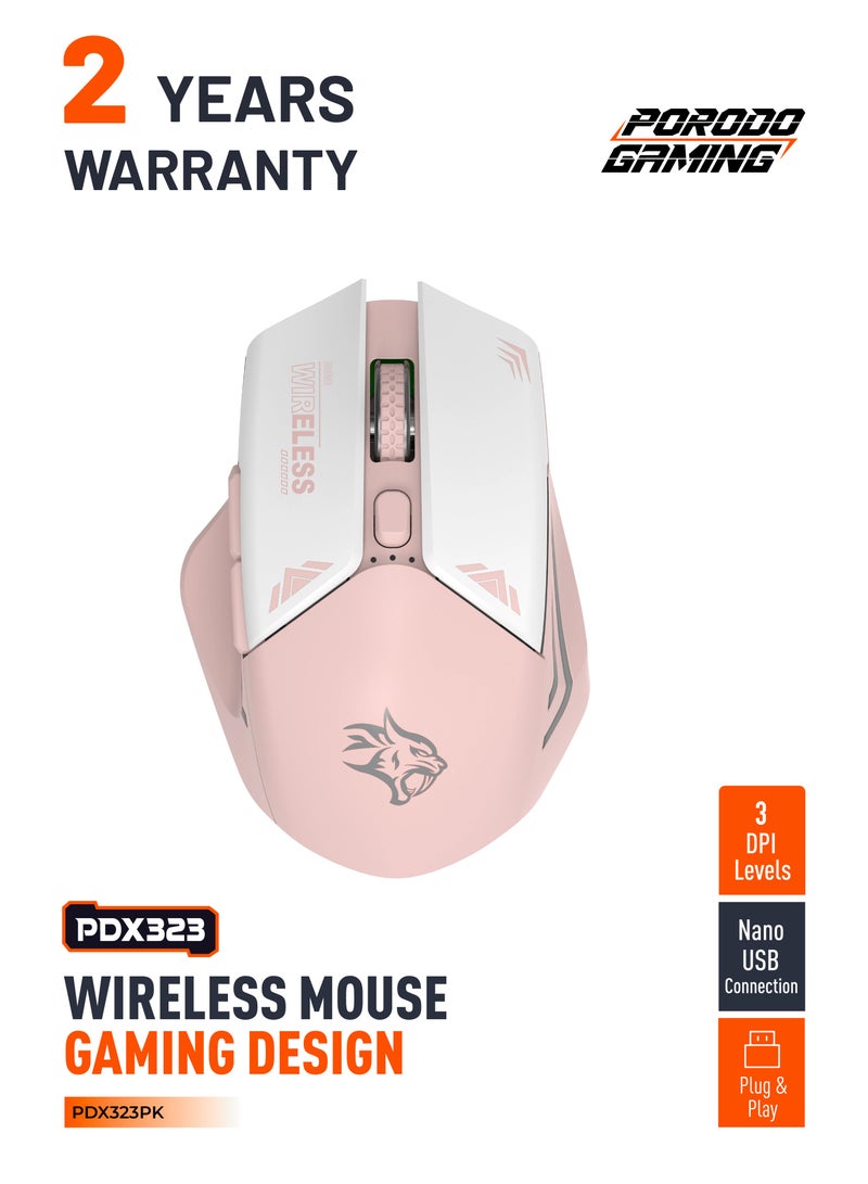 porodo Wireless Mouse 2.4G Nano USB with 10m Rage and 1600 DPI / Power Saving Technology / Gaming Design - Pink - Image 1