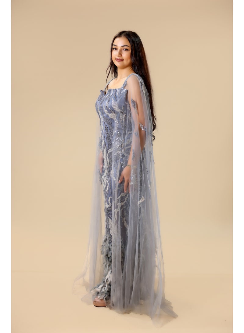 FAIZ COUTURE Elegant Grey Embellished Gown with Feather Details - Image 3