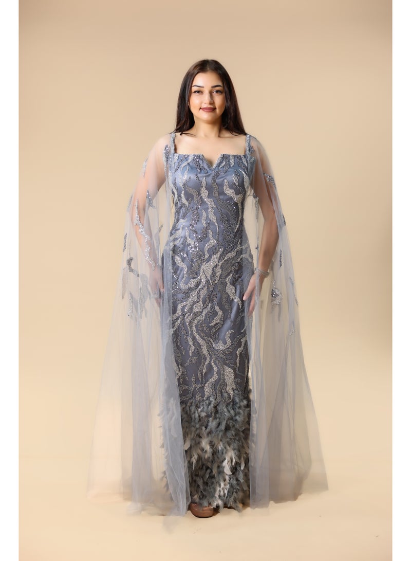 FAIZ COUTURE Elegant Grey Embellished Gown with Feather Details - Image 1