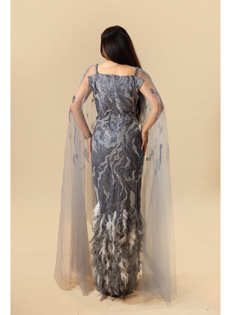 FAIZ COUTURE Elegant Grey Embellished Gown with Feather Details - Image 4