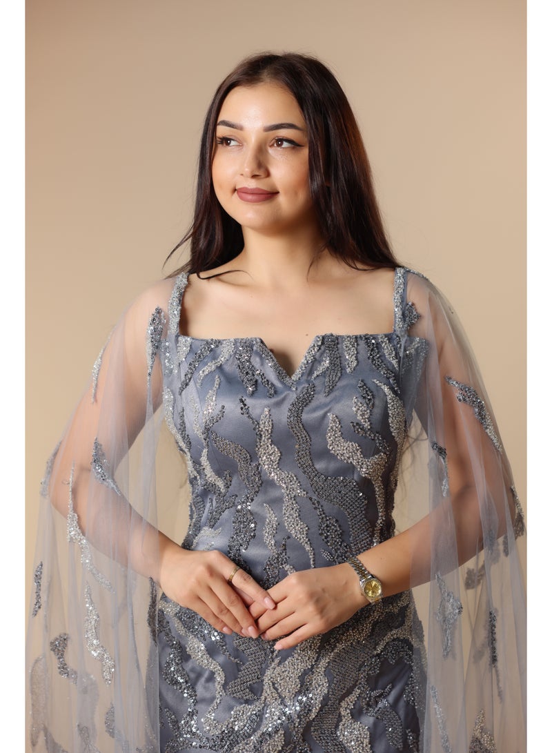 FAIZ COUTURE Elegant Grey Embellished Gown with Feather Details - Image 2