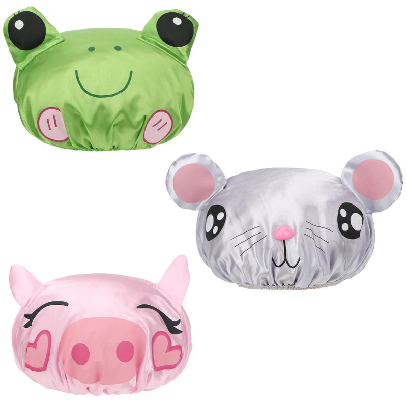 kilofly 3pc Fun Cute Animal Shower Caps for Kids Reusable Waterproof Bath Hat Set - Image 3