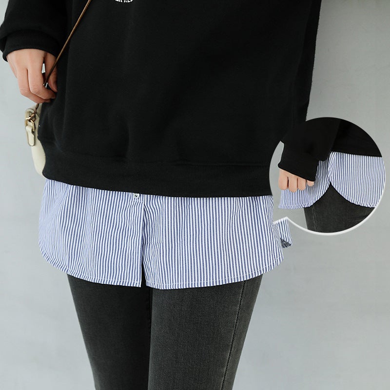 Solid Color All-match Fart Curtain Fake Hem Shirt Stacked with Inner Base Half Skirt Denim A- line Skirt (blue stripes) - Image 1