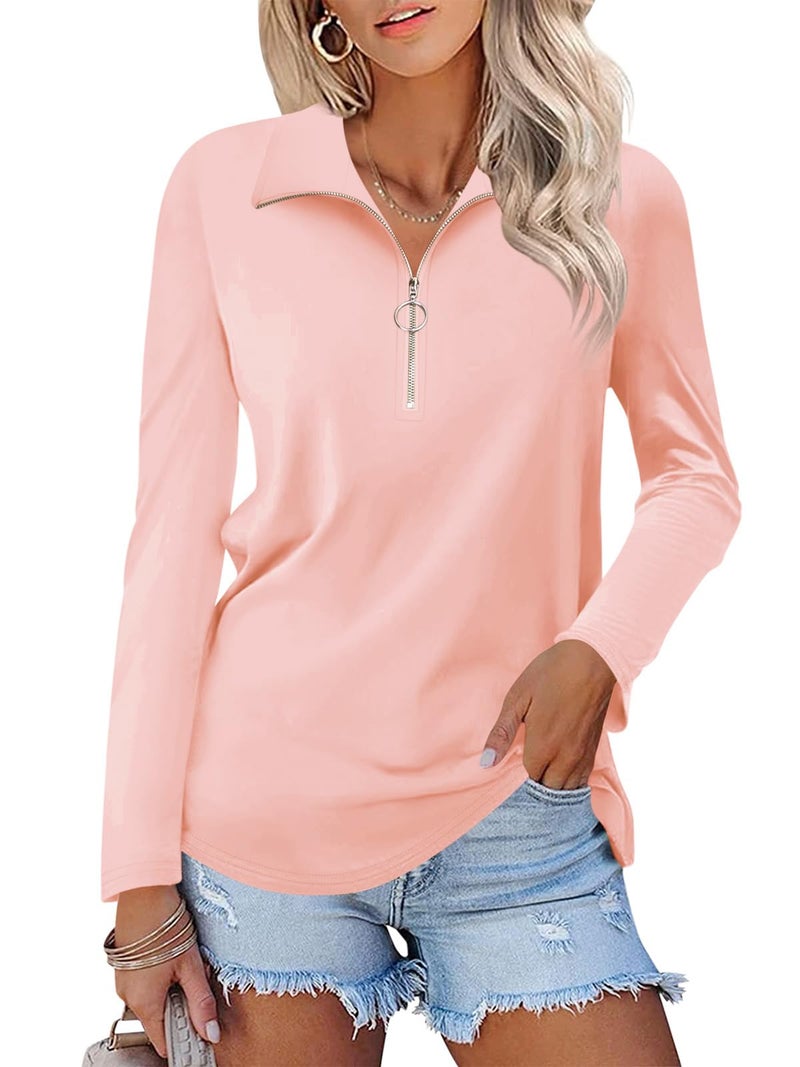 Minetom Womens Long Sleeve Tops V Neck Shirts Quarter Zip Pullover Collared Casual Tops Fall Clothes A Pink - Image 1