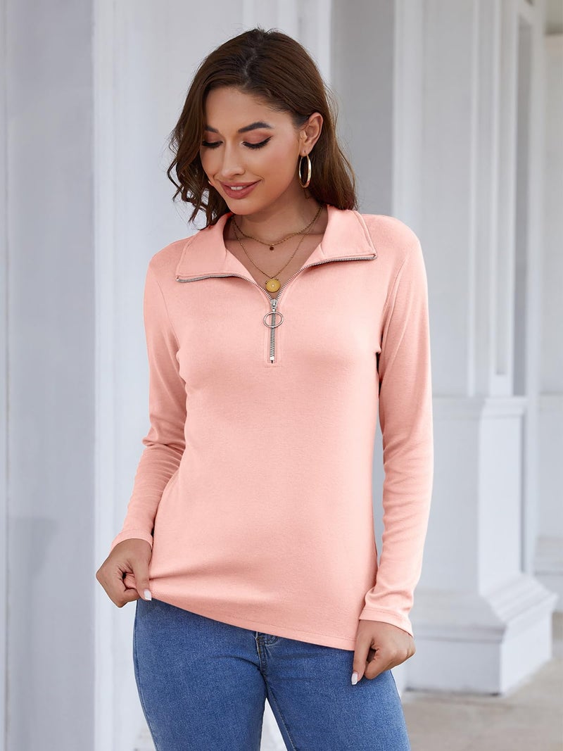 Minetom Womens Long Sleeve Tops V Neck Shirts Quarter Zip Pullover Collared Casual Tops Fall Clothes A Pink - Image 5