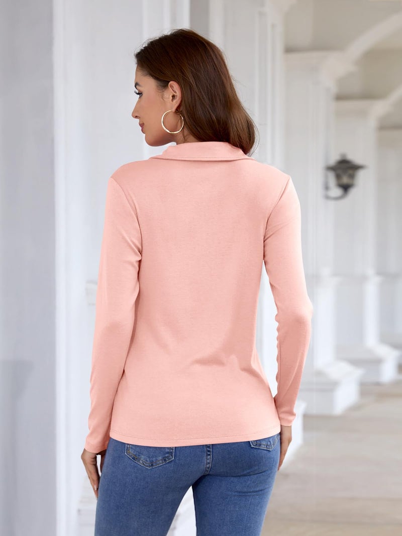 Minetom Womens Long Sleeve Tops V Neck Shirts Quarter Zip Pullover Collared Casual Tops Fall Clothes A Pink - Image 3