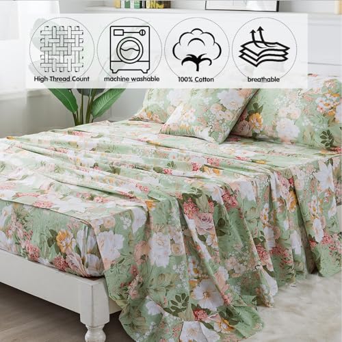 FADFAY Floral Bed Sheets Set Queen Size 100% Cotton Mint Green Botanical Sheet Sets Countryside Bedding Soft Breathable Girls Lily Flower Printed Deep Pocket Sheet 17.5 inch, 4 Pcs Queen - Image 4