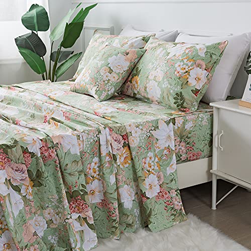 FADFAY Floral Bed Sheets Set Queen Size 100% Cotton Mint Green Botanical Sheet Sets Countryside Bedding Soft Breathable Girls Lily Flower Printed Deep Pocket Sheet 17.5 inch, 4 Pcs Queen - Image 1