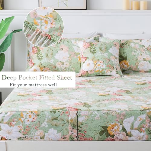 FADFAY Floral Bed Sheets Set Queen Size 100% Cotton Mint Green Botanical Sheet Sets Countryside Bedding Soft Breathable Girls Lily Flower Printed Deep Pocket Sheet 17.5 inch, 4 Pcs Queen - Image 3