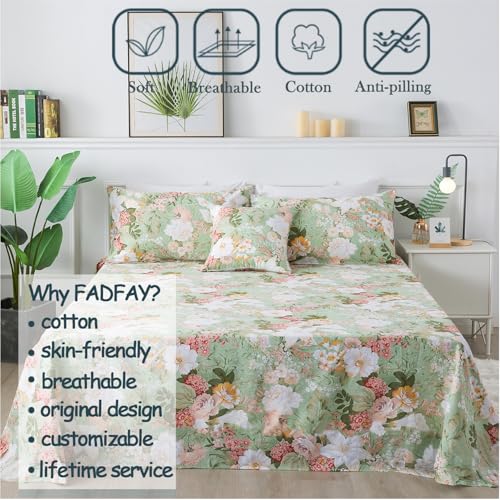 FADFAY Floral Bed Sheets Set Queen Size 100% Cotton Mint Green Botanical Sheet Sets Countryside Bedding Soft Breathable Girls Lily Flower Printed Deep Pocket Sheet 17.5 inch, 4 Pcs Queen - Image 2