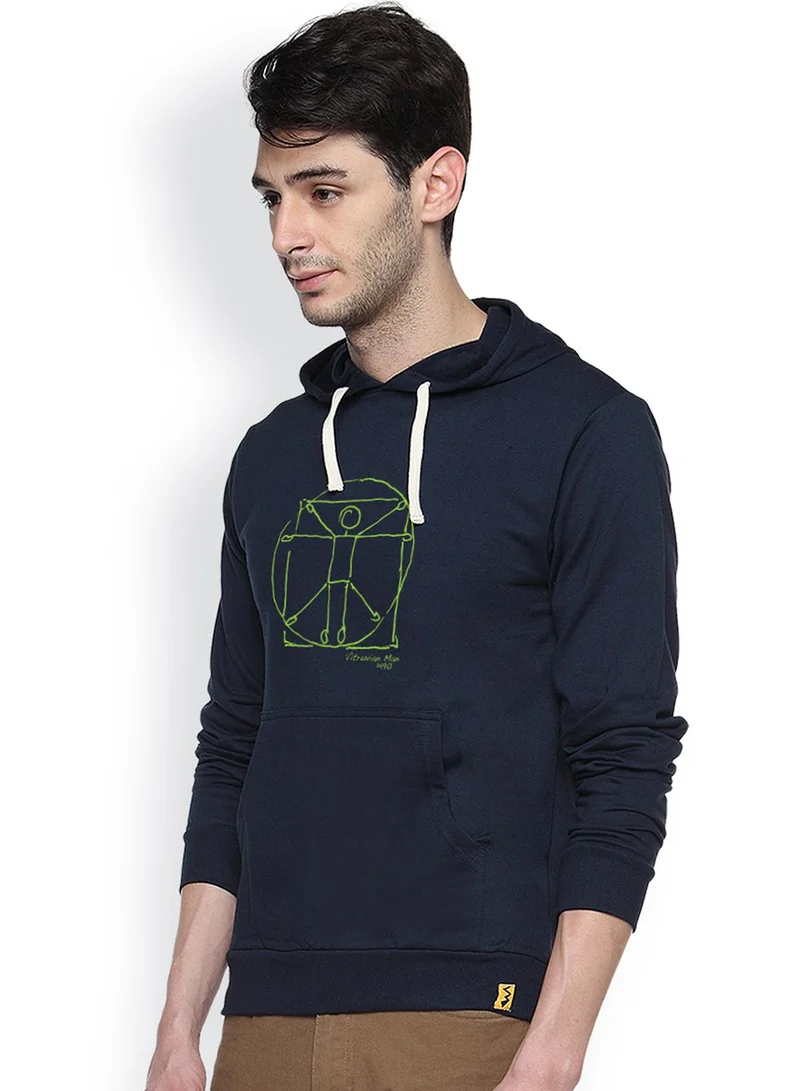 Campus Sutra Men's Midnight Blue Vitruvian-Man Print Pullover Hoodie