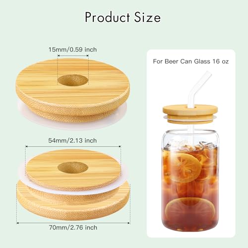 SBMKK Bamboo Lids for Glass Cups, Wooden Lids for 16 OZ Beer Can Glass with Straw Hole, 70mm/2.75 Inch Mason Jar Replacment Cover - Image 5