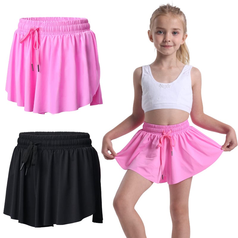 FunisFun 2 Pack Girls Athletic Flowy Shorts with Spandex Liner 2-in-1 Kids Butterfly Skirts Shorts for Dancing Running Sports - Image 1