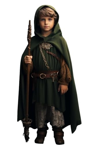 VZQI Green Renaissance Costume for Boys Kids Medieval Cloak With Hood Halloween Ranger Wizard Elven Hooded Cape Robe S - Image 1