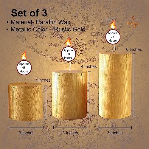 Floryn Decor Set of 3 Metallic Pillar Candles Decoration Dinner Wedding Party Candles Perfect Candles for Home Decor - Church-Spa, Restaurant | Smokeless & Dripless (Gold), Unscented - Image 2