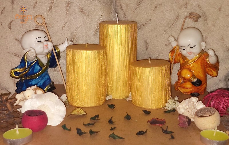 Floryn Decor Set of 3 Metallic Pillar Candles Decoration Dinner Wedding Party Candles Perfect Candles for Home Decor - Church-Spa, Restaurant | Smokeless & Dripless (Gold), Unscented - Image 3