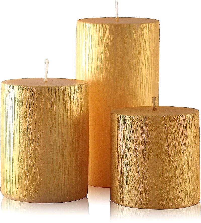 Floryn Decor Set of 3 Metallic Pillar Candles Decoration Dinner Wedding Party Candles Perfect Candles for Home Decor - Church-Spa, Restaurant | Smokeless & Dripless (Gold), Unscented - Image 1