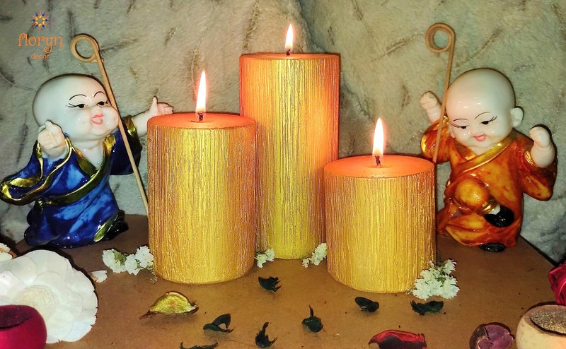 Floryn Decor Set of 3 Metallic Pillar Candles Decoration Dinner Wedding Party Candles Perfect Candles for Home Decor - Church-Spa, Restaurant | Smokeless & Dripless (Gold), Unscented - Image 5