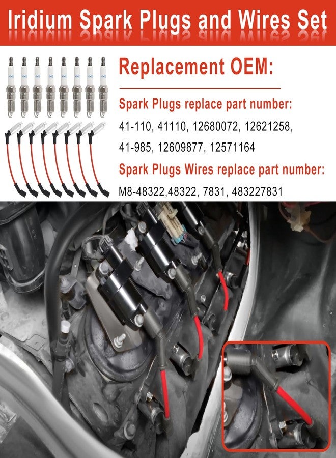 MCCKLE 41-110 Iridium Spark Plugs and M8-48322 Spark Plug Wires Compatible with Chevy Silverado Suburban Avalanche Express GMC Cadillac Escalade Yukon Sierra Savana 5.3 6.0L 6.2L V8 LS Truck (8 Set) - Image 2