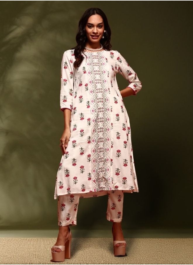 Abhishti Floral  print kurta with straight pangts-black &beige  - Image 1