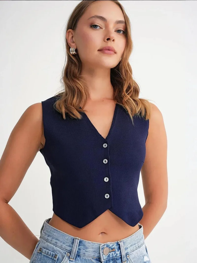 MixRay Mixray V-Neck Buttoned Crop Vest