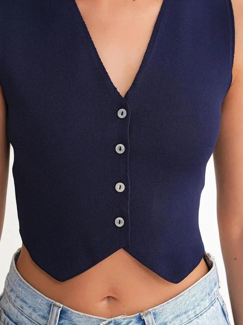 MixRay Navy Blue Mixray V-Neck Buttoned Crop Vest for Women | Best Price UAE