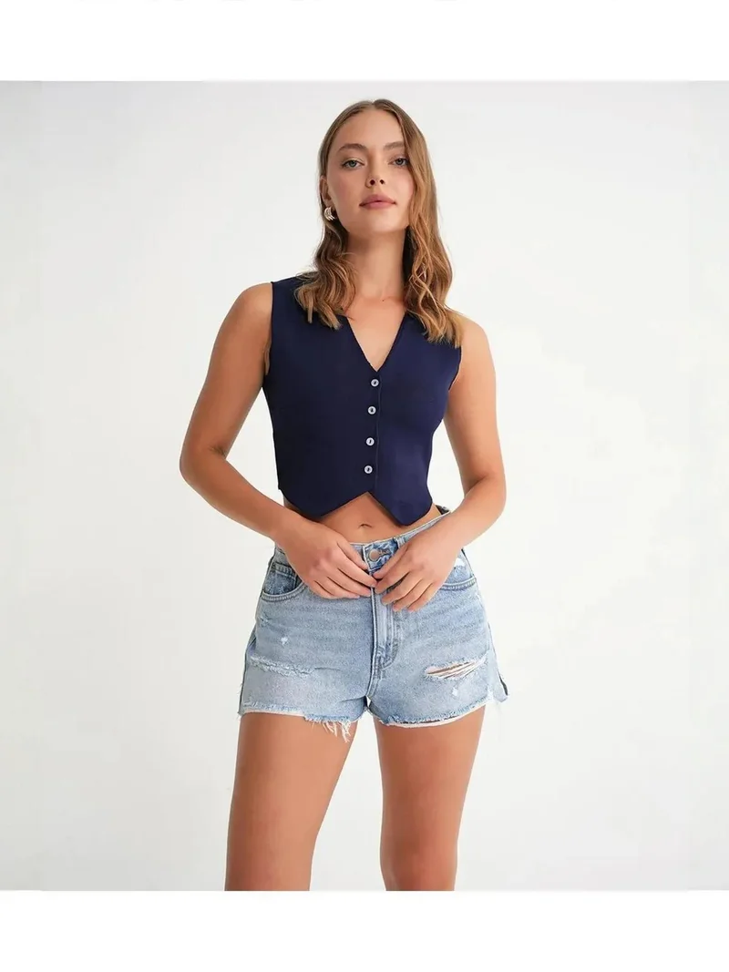 MixRay Navy Blue Mixray V-Neck Buttoned Crop Vest for Women | Best Price UAE
